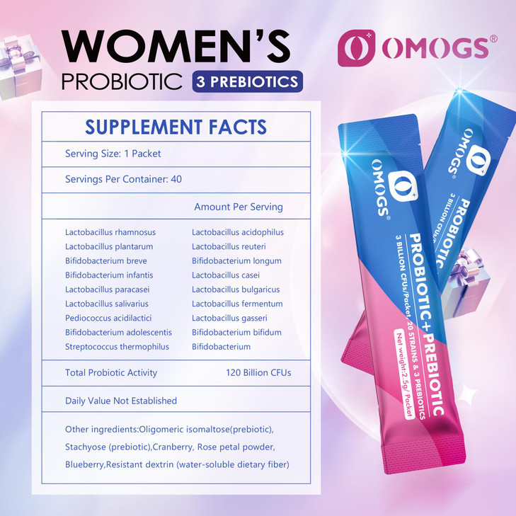 OMOGS Women's Probiotic,120-Billion-CFUs, 18 Strains, with 3 Prebiotics and Cranberry Extract, Help for Immune Booster, Digestive Health, Gut Health