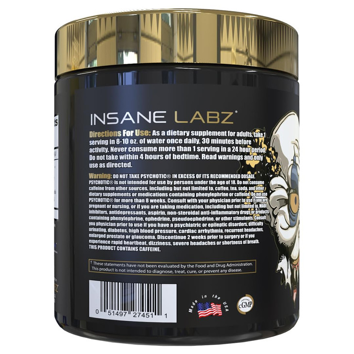Insane Labz Psychotic Gold, High Stimulant Pre Workout Powder, Extreme Lasting Energy Focus, Pumps and Endurance with Beta Alanine, DMAE Bitartrate,
