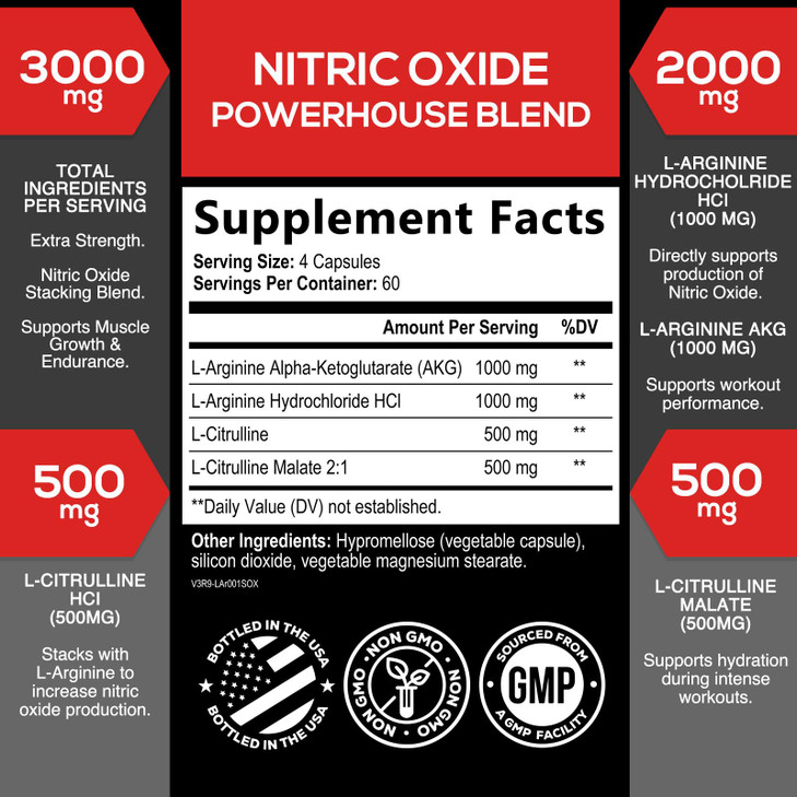 Extra Strength Nitric Oxide Booster 3000mg - 3X Strength L-Arginine AKG & Citrulline Malate - Premium Nitric Booster Natural Energy, Muscle & Heart S