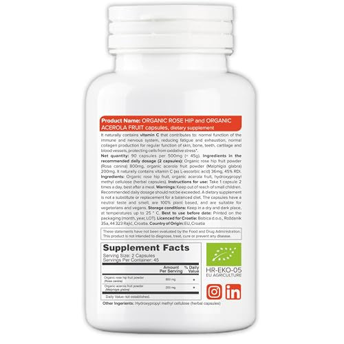 b Natural RoseHips & Acerola Capsules - Plant Based Vitamin C 1000mg from Acerola Cherry Powder & Rosehip Powder - Without Ascorbic Acid - Supports I