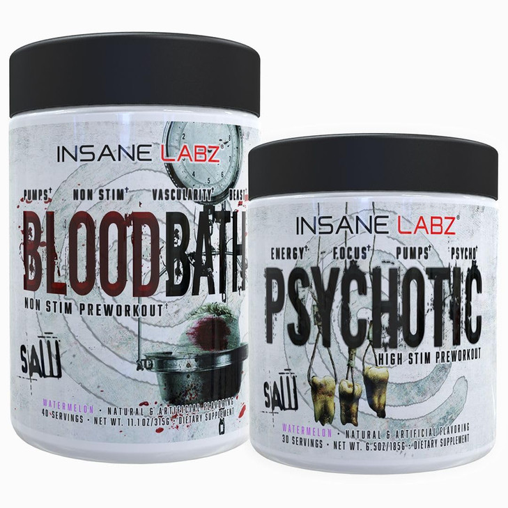 Insane Labz Psychotic Saw® and Bloodbath Pre Workout Nitric Oxide Booster Stack, Increase Muscle Mass, Vascularity, Strength, Energy, Focus (Watermel