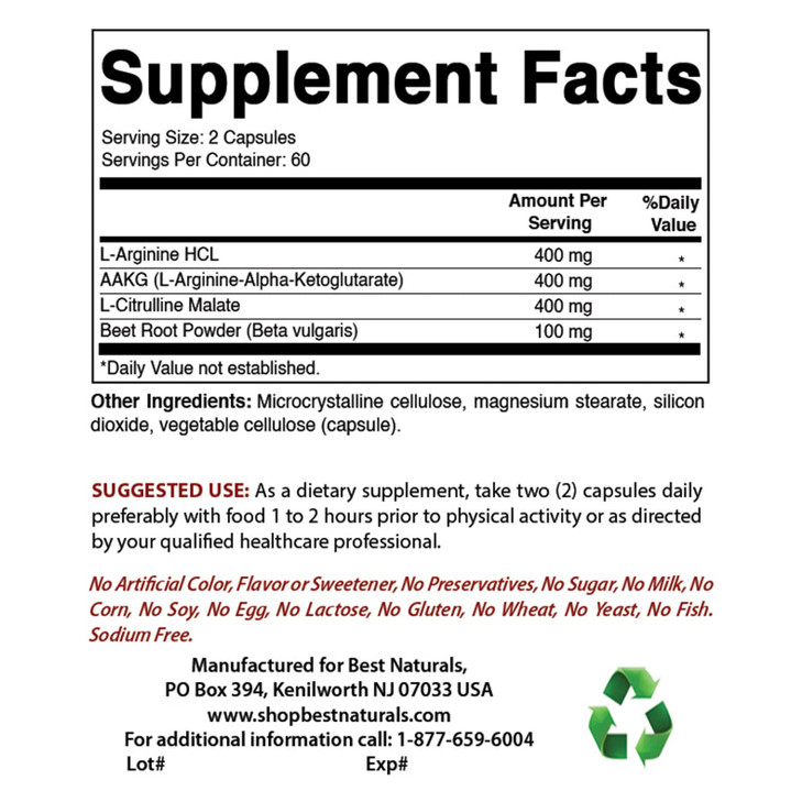 Best Naturals L-Arginine NO Booster Triple Strength 1300 mg Serving 120 Veg Capsules (120 Count (Pack of 2))