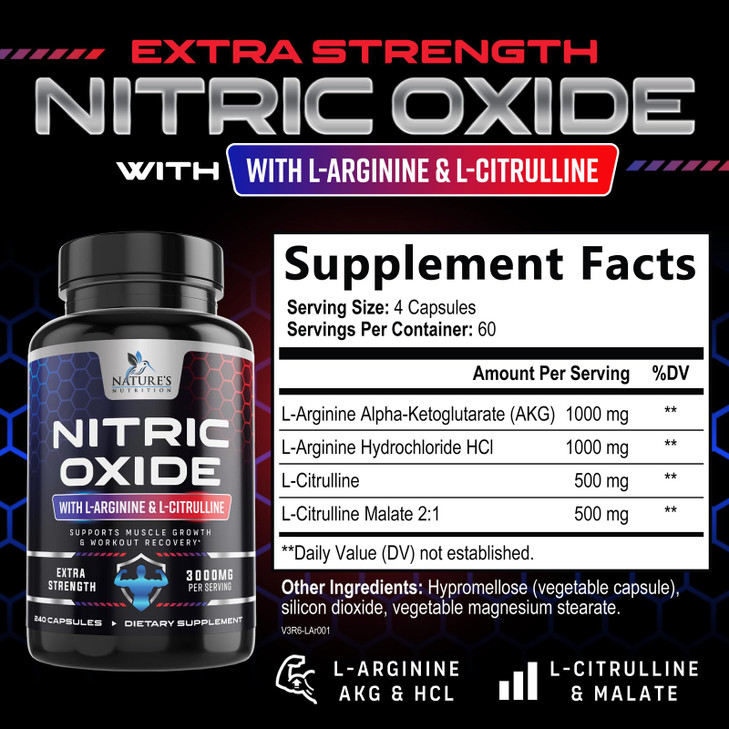 Nitric Oxide Booster Extra Strength 3000mg - 3X Strength L-Arginine & Citrulline, Best Nitric Oxide Supplements for Men, Supports Muscle, Heart Healt