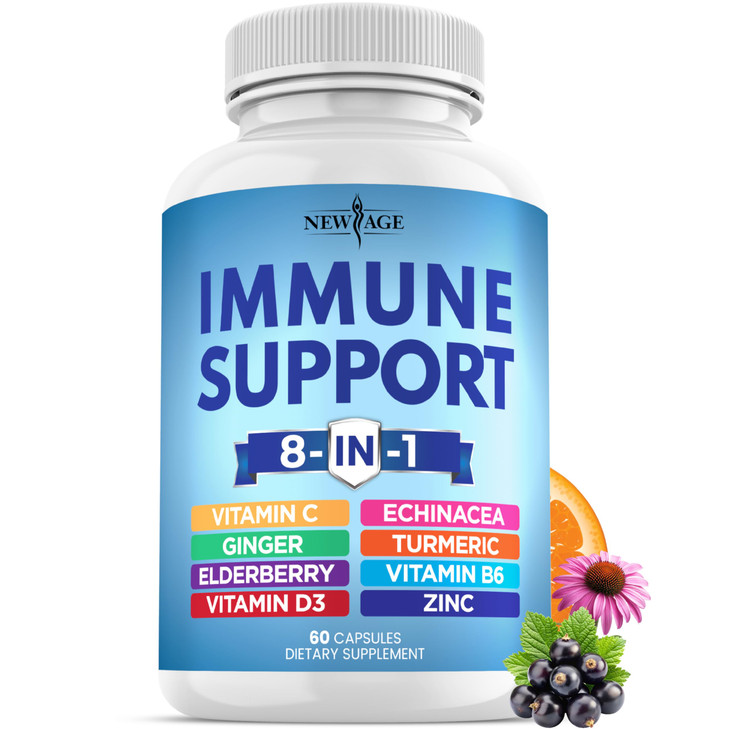 NEW AGE 8 in 1 Immune Support Booster Supplement with Echinacea, Vitamin C and Zinc 50mg, Vitamin D 5000 IU, Turmeric Curcumin & Ginger, B6, Elderber