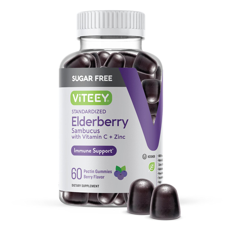 VITEEY Sambucus Elderberry Gummies for Adults & Teens + Zinc & Vitamin C - Sugar Free - Immune Support & Booster Herbal Supplement - Vegan, Gluten Fr