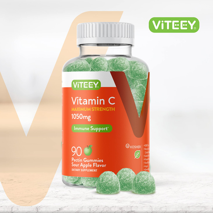 Viteey Chewable Vitamin C Gummies for Adults - 1050mg Maximum Strength Immune Support Supplement - Vegan, Gluten Free - 90 Count