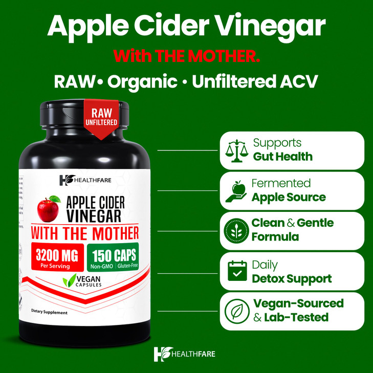 HealthFare Apple Cider Vinegar Capsules with the Mother | 3200mg Raw, Organic & Unfiltered ACV | 150 Vegan Pills | Maximum Strength Supplement for De