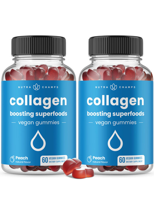 NutraChamps Collagen Boosting Gummies, Collagen Booster Gummy for Natural Collagen Production, Vegan Pectin Supplements Chews for Women & Men, 60 Pea