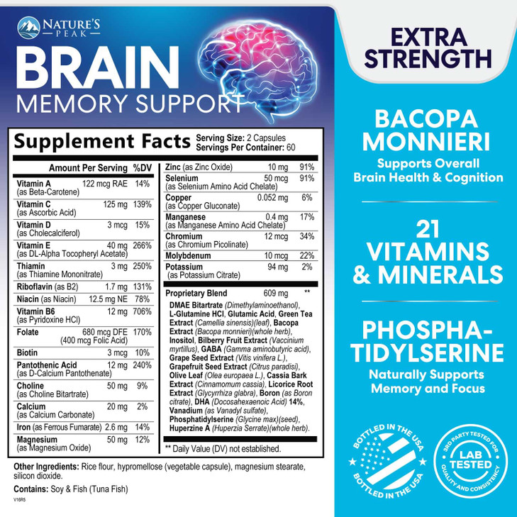 Brain Memory Supplement - 3X Strength Nootropics for Concentration, Clarity & Focus Support - Brain Health Cognitive Vitamins with Bacopa, Phosphatid