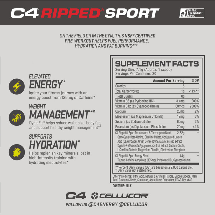 Cellucor C4 Ripped Sport Pre Workout Powder Fat Burner - NSF Certified for Sport + Sugar Free Preworkout Energy Supplement for Men & Women - 135mg Ca