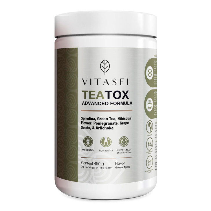 Vitasei Teatox Detox & Cleanse Support Powder, Digestion Booster W/Green Tea, Spirulina, Artichoke, Jamaican Flower & Grape Seeds, Support Supplement