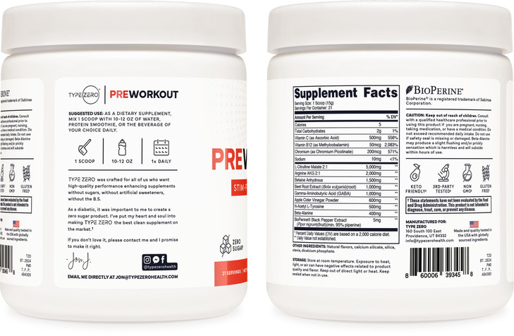 Type Zero Ultra Clean Stim Free Pump Pre Workout + Nitric Oxide Booster (Cherry Limeade) - Non Stimulating and Caffeine-Free for Men & Women