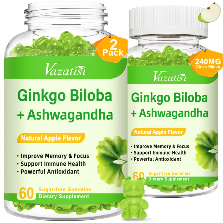 Vazatisi 2 Pack Ginkgo Biloba Gummies 240MG with Panax Ginseng for Better Mood and Focus, Booster Brain Health, 120 Vegan Apple Flavor Gummies