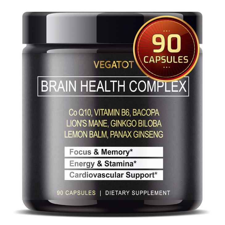 VEGATOT Brain Booster Brain Health Complex Supplement Concentrated with CoQ-10 VIT B6 Lion's Mane Ginkgo Biloba Lemon Balm Ginseng - Focus Memory Ene