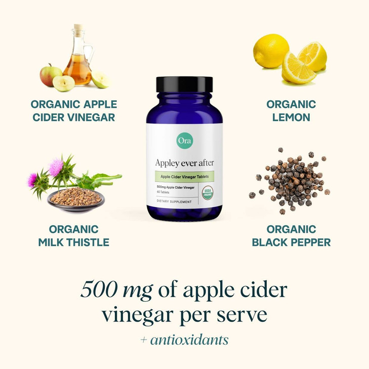 Ora Organic Apple Cider Vinegar Pills - ACV Metabolism Booster, Detox Cleanse, Weight Management - Organic Apple Flavor, 1 Month Supply, 60 Vegan Tab