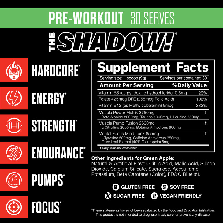 JNX SPORTS The Shadow! High Stim Preworkout | 350mg of Caffeine | Green Apple 30 Servings | Electric Energy, Mental Focus & Superhuman Strength for M