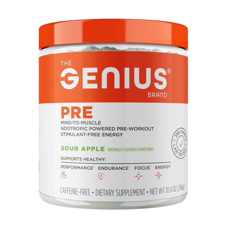 Genius Pre Workout Powder, Sour Apple - All-Natural Nootropic Pre-Workout & Caffeine-Free Nitric Oxide Booster Supplement with Beta Alanine & Alpha G