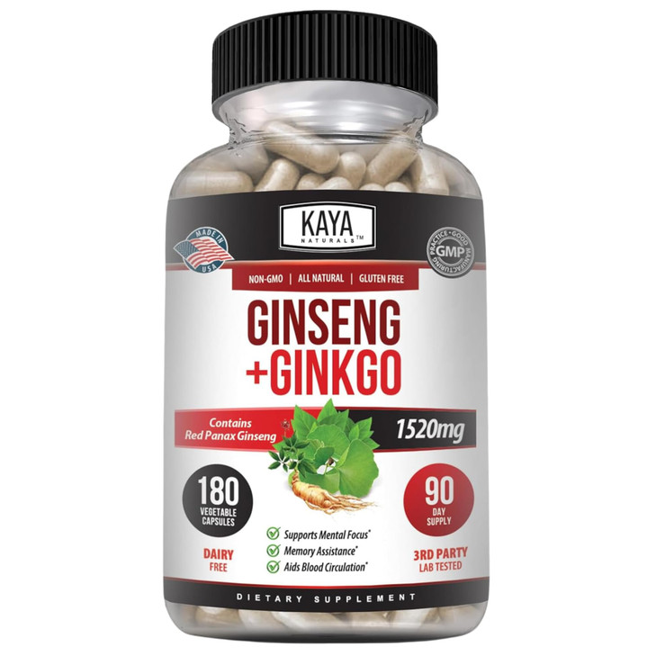 Kaya Naturals Red Panax Ginseng + Ginkgo Biloba - Nootropic Brain Supplement - Cognitive and Concentration Support - Brain Booster, Focus, and Memory