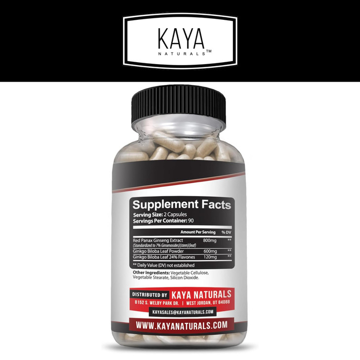 Kaya Naturals Red Panax Ginseng + Ginkgo Biloba - Nootropic Brain Supplement - Cognitive and Concentration Support - Brain Booster, Focus, and Memory