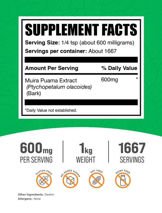 BulkSupplements.com Muira Puama Extract Powder - Muira Puama Supplement, from Muira Puama Bark - Herbal Supplement, Gluten Free, 600mg per Serving, 1