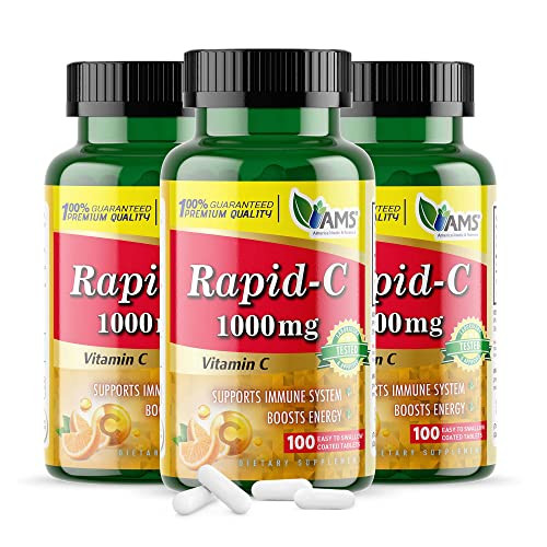 America Medic & Science Rapid-C 1000mg Vitamin C Supplement (3 Pack of 100 Tablets) Energy Booster, Daily Immune System Support, Antioxidant | Vegan,