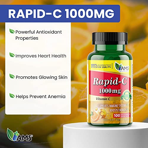 America Medic & Science Rapid-C 1000mg Vitamin C Supplement (3 Pack of 100 Tablets) Energy Booster, Daily Immune System Support, Antioxidant | Vegan,