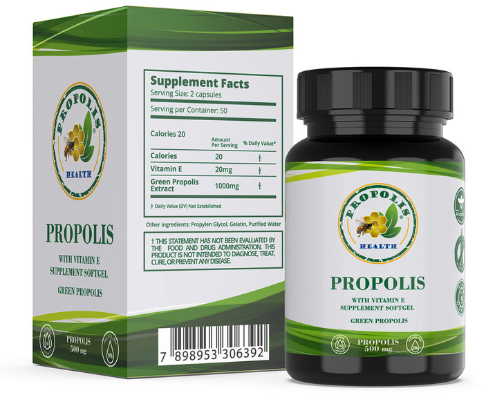 Propolis Health Propolis Capsules 1000mg-Daily with Vitamin E Per dose - Pure Brazilian Green Propolis Extract - Immune Booster 50 Days Supply -100 C