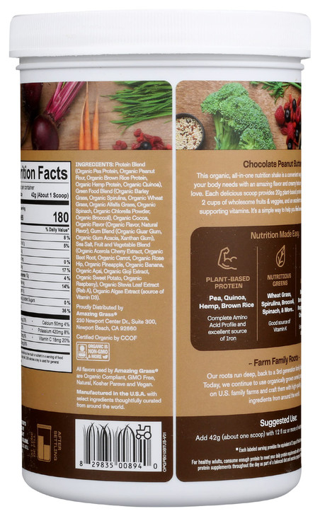 Amazing Grass Organic Plant Protein Blend: Vegan Protein Powder, New Protein Superfood Formula, All-In-One Nutrition Shake with Beet Root, Chocolate
