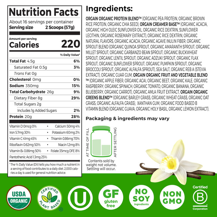 Orgain Organic Vegan Meal Replacement Protein Powder, Vanilla Bean - 20g Plant Based Protein, Gluten Free, Dairy Free, Lactose Free, Soy Free, No Sug