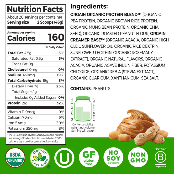 Orgain Organic Vegan Protein Powder, Peanut Butter - 21g Plant Protein, 7g Prebiotic Fiber, Low Net Carb, No Dairy Ingredients, No Added Sugar, For S