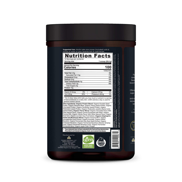 Ancient Nutrition Plant Based Protein Powder, Plant Protein+, Chocolate, Organic Vegan Superfoods Supplement, 15g Protein Per Serving, Gluten Free, P