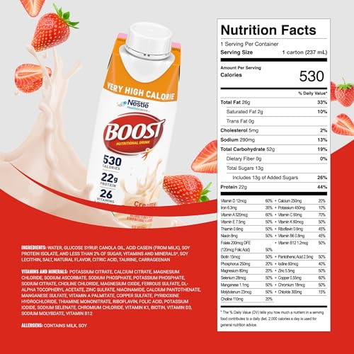 Boost Very High Calorie Strawberry Nutritional Drink  22g Protein, 530 Nutrient Rich Calories, 8 Fl Oz (Pack of 24)