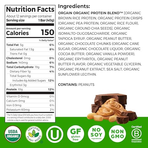Orgain Organic Vegan Protein Bars, Peanut Butter Chocolate Chunk - 10g Plant Based Protein, Low Calorie Healthy Snacks, No Lactose or Soy Ingredients
