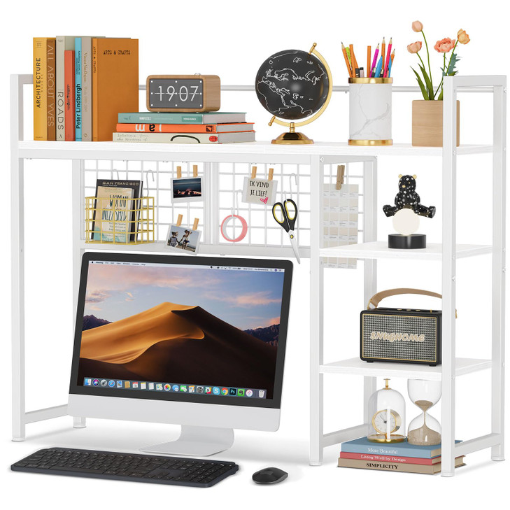 Snughome Desk Shelf, 38.6" Desktop Organizer Shelf, Desk Hutch for Computer Monitor, 4 Tier Desktop Display Rack with Pegboard Hooks Set, Wood Desk B