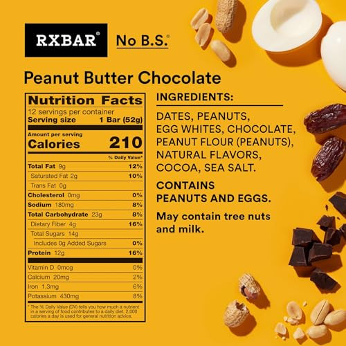 RXBAR Protein Bars, Protein Snack, Snack Bars, Peanut Butter Chocolate, 22oz Box (12 Count)