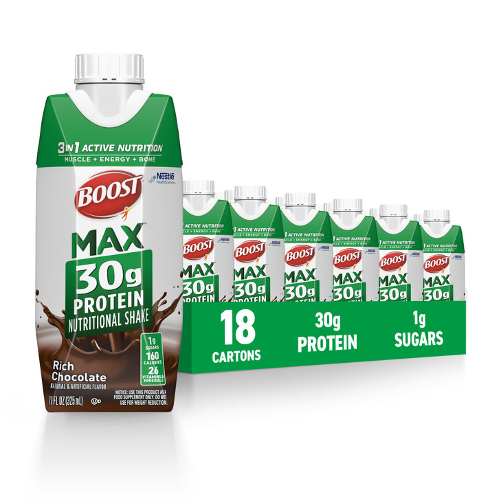 BOOST MAX Protein Shakes Ready to Drink - 30g High Protein Shake - Chocolate | Nutritional Drinks to Support Muscle Recovery After Exercise, 26 Vitam