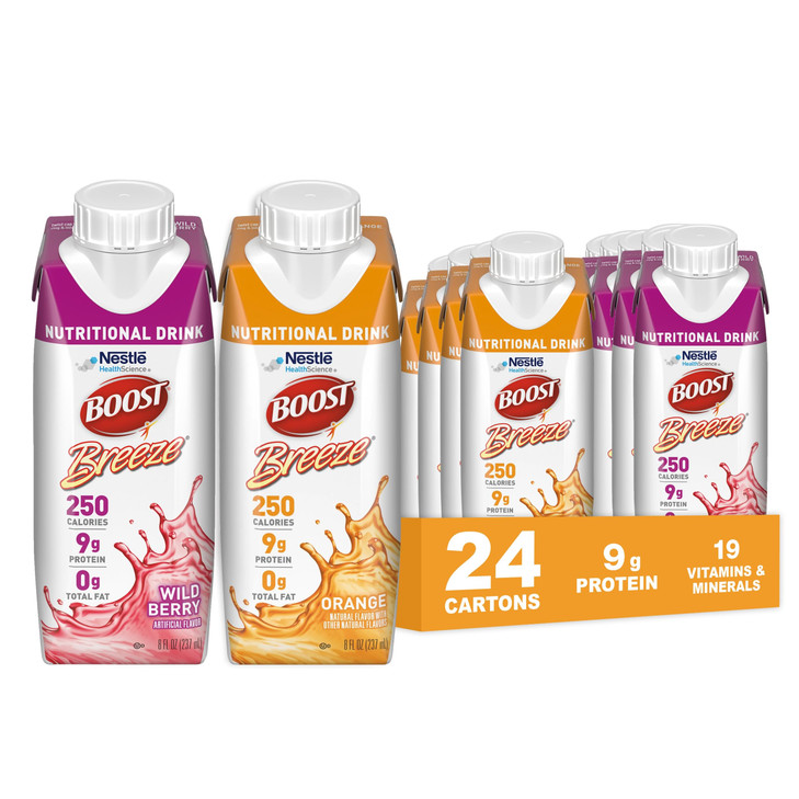 Boost Breeze Clear Nutritional Drink, 9g Protein, 250 Nutrient-Rich Calories, 2 Flavor Variety Case (Orange + Wildberry), 8 Fl Oz (Pack of 24)