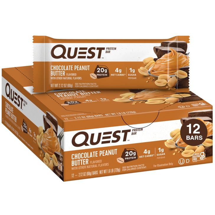 Quest Nutrition Chocolate Peanut Butter Bars, 20g Protein, 1g Sugar, 4g Net Carb, Gluten Free, Keto Friendly, 12 Count