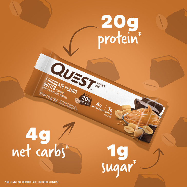 Quest Nutrition Chocolate Peanut Butter Bars, 20g Protein, 1g Sugar, 4g Net Carb, Gluten Free, Keto Friendly, 12 Count