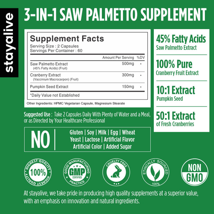STAY ALIVE Saw Palmetto Extract Capsules w/Cranberry & Pumpkin Seed Oil, 120 Vegan Pills, Extra Strength Saw Palmetto for Men and Women, Non-GMO, Glu