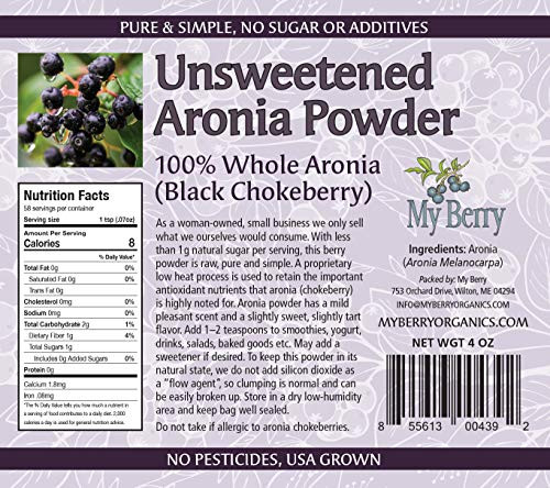 Aronia Berry Unsweetened Powder by My Berry | USA Grown | 4oz | Whole Berry, not a Juice or Extract | No additives | Aronia Black Chokeberry