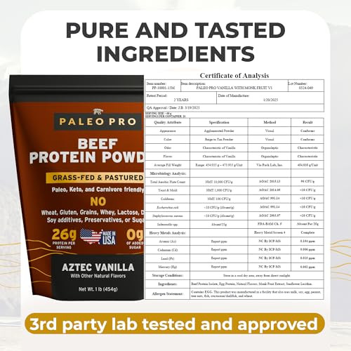 Paleo Pro 26G Beef Protein Powder - Grass Fed Protein Powder Isolate - Pure Animal Based Pastured & Cage-Free | Dairy & Gluten Free, Natural & Clean