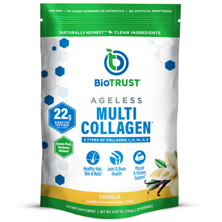 BioTrust Ageless Multi Collagen Peptides Powder  5 Types (I, II, III, V, X)  Vanilla Collagen Powder for Women & Men  Hydrolyzed Protein  Grass F