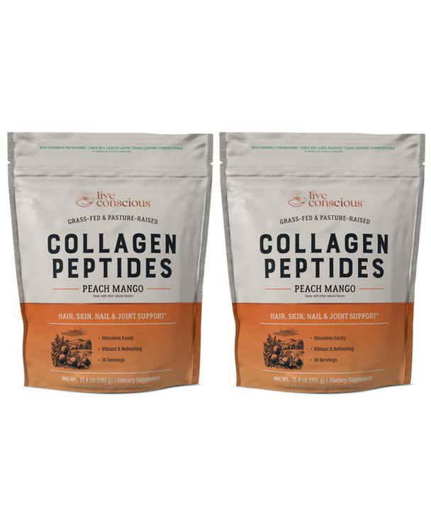 Live Conscious Collagen Peptides Powder - Peach Mango Flavored Collagen Powder - Hair, Skin, Nail, & Joint Support - Type I & III Grass-Fed Collagen