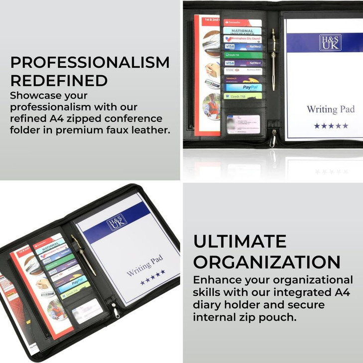 H&S A4 Portfolio Folder with Ring Binder Mechanism - Leather Conference Padfolio with Legal Writing Pad - A4 Document Folder with 11 Business Card Sl