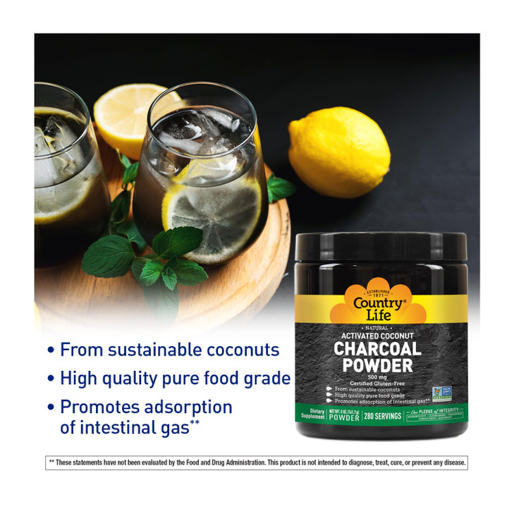 Country Life Activated Coconut Charcoal Powder 500mg  Natural Activated Charcoal for Digestive Health, Gas & Bloating Relief, DIY Uses - Non-GMO, Gl