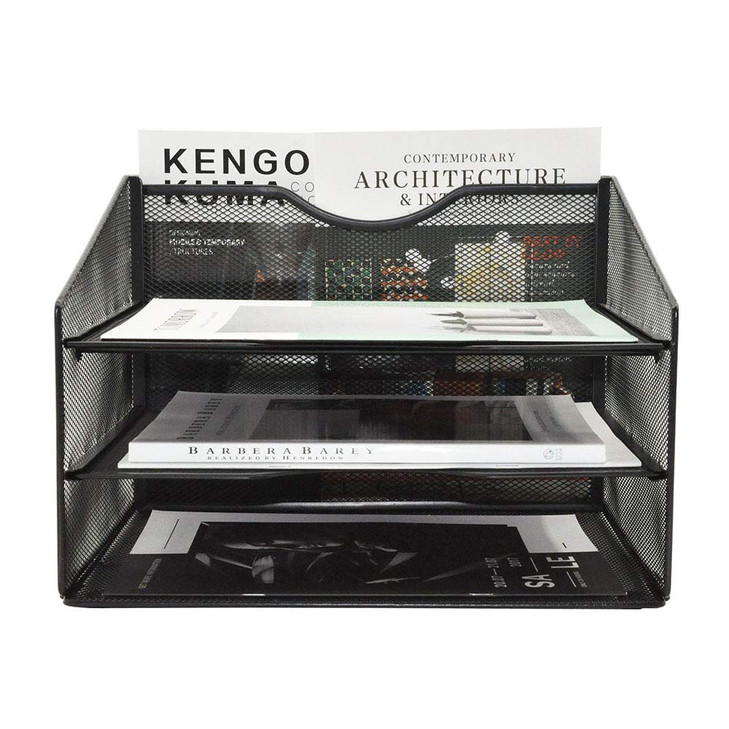 EASEPRES Mesh Desktop File Organizer, Document Mail Desk Folder Holder with 3 Paper Letter Tray and 1 Vertical Upright Compartment for Office Supplie