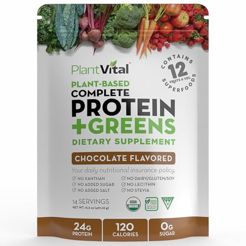 PlantVital Vegan Protein Powder Plant Based, Organic Protein Powder Chocolate, 24g/0g sugar, 12 Superfoods, Veggies, Probiotics, Raw Cocoa, Kale, Bee