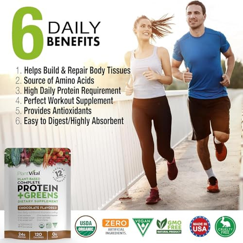 PlantVital Vegan Protein Powder Plant Based, Organic Protein Powder Chocolate, 24g/0g sugar, 12 Superfoods, Veggies, Probiotics, Raw Cocoa, Kale, Bee