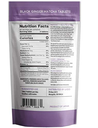 Ujido Black Ginger Matcha Tablets, 180 Tablets  Japanese Matcha Powder  Thai Black Ginger  Hand-Picked Green Tea Leaf Powder  Antioxidant Superfo